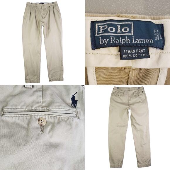 Vintage Polo Ralph Lauren Ethan Pant Mens 34x32 Khaki Pleated Chino Twill 90s - Picture 1 of 11
